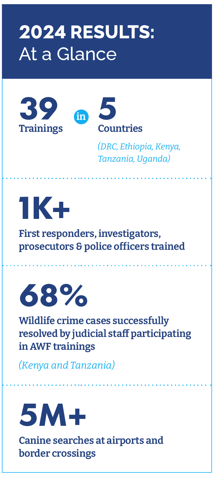 2024 Results: At a Glance 39 trainings in 5 countries (DRC, Ethiopia, Kenya, Tanzania, Uganda) 1K+ First responders, investigators, prosecutors & police officers trained 68% Wildlife crime cases successfully resolved *by judicial staff participating in AWF trainings in Kenya and Tanzania 5M+ Canine searches at airports and border crossings