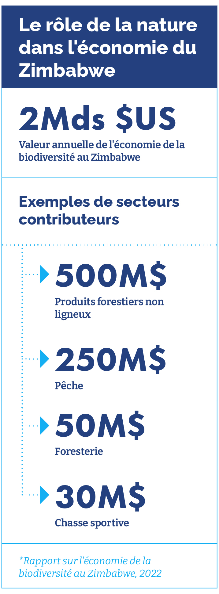 Le rôle de la nature dans l'économie du Zimbabwe 2 MILLIARDS DE DOLLARS US Valeur annuelle de l'économie de la biodiversité au Zimbabwe Exemples de secteurs contributeurs 500 M $- Produits forestiers non ligneux 250 M $ - Pêche 50 M $ - Foresterie 30 M $ - Chasse sportive *Rapport sur l'économie de la biodiversité au Zimbabwe, 2022
